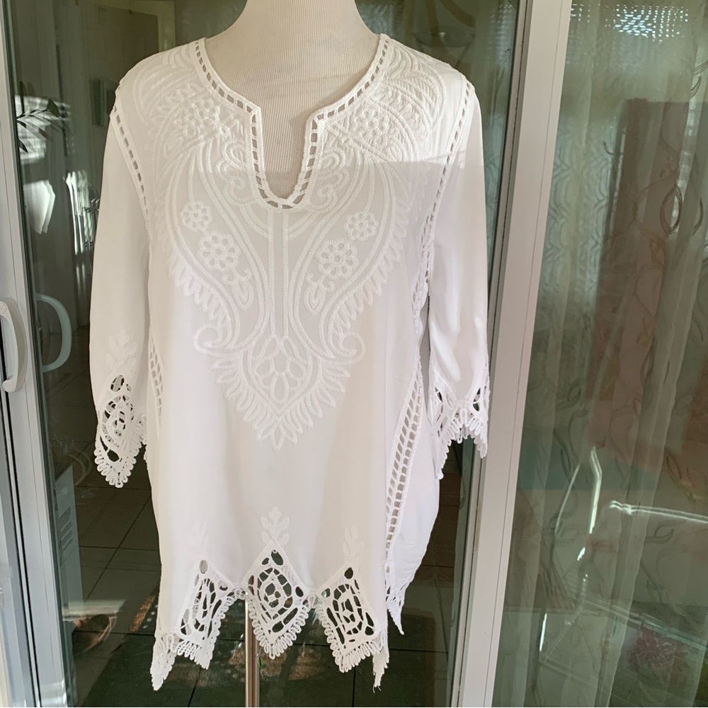 NWT Joie 100% white rayon crochet decoration tunic blouse size XL